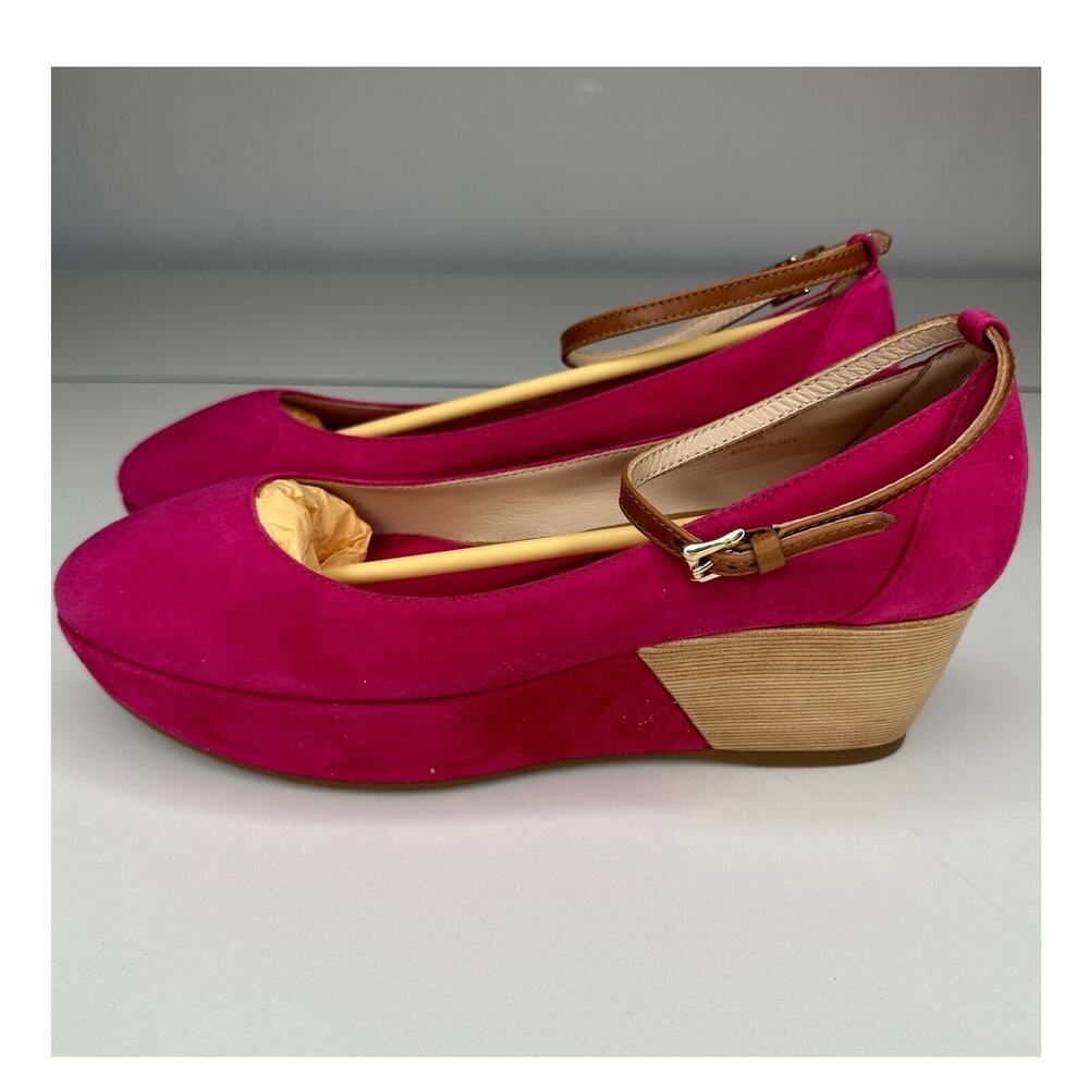 Tod's Deep Pink Suede Ankle Strap Ballerina Style Round Toe Wedge Shoes 38 / 8